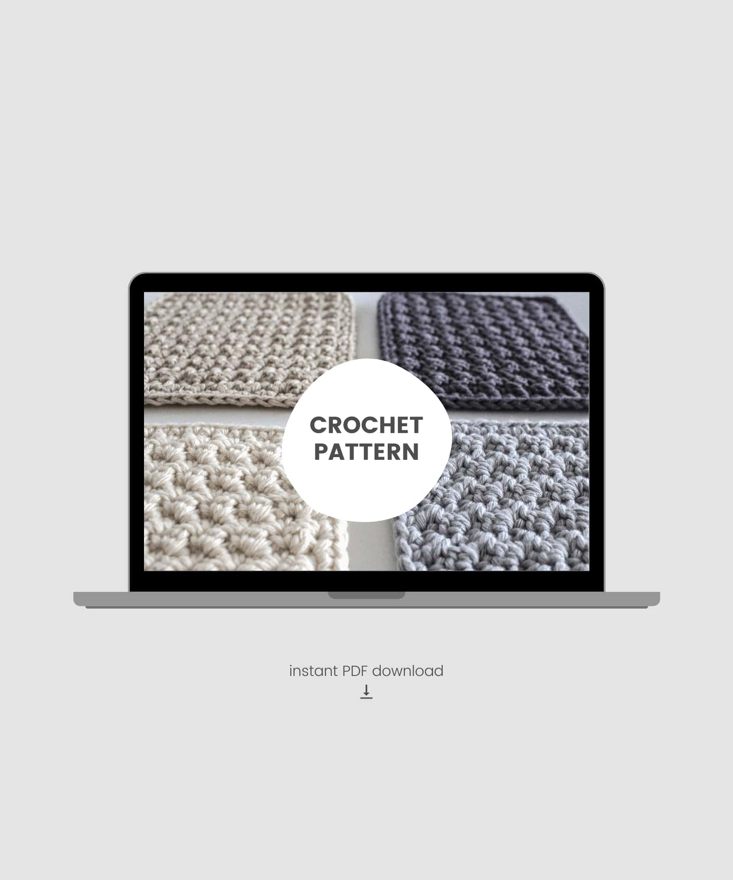 A graphic of a laptop shows a picture of four coasters, with the words "Crochet Pattern" layered on top. Below is a download symbol and the words "instant PDF download".